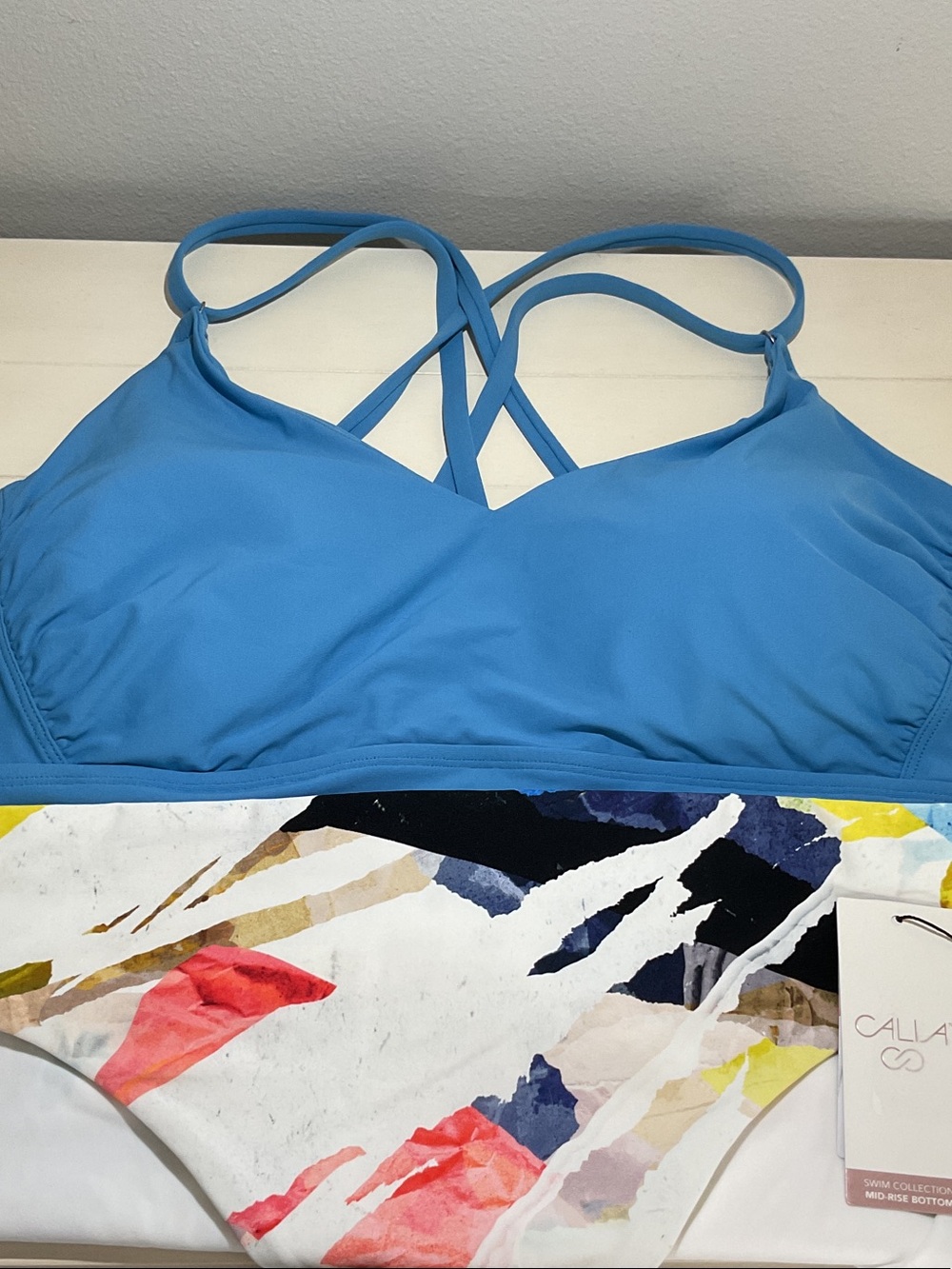 CALIA by Carrie Underwood Blue Strappy Bikini Top with Multicolor Printed Bottom